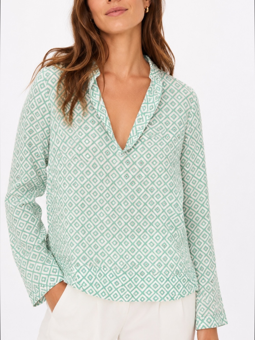 Tory Burch Mint Sequinned Geometric V-Neck Cotton Blouse
